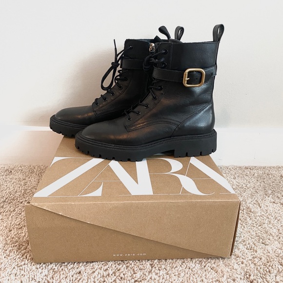 ZARA Black Leather Combat Boot Lace + Buckle Closure Size EU 38 [2177-811-040] - Picture 5 of 12